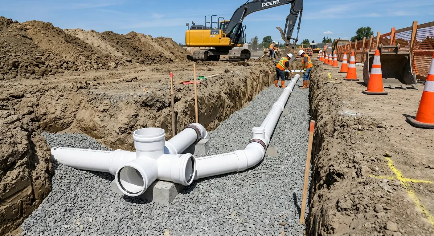 New PVC sewer pipe installation in open trench for Commercial Drain Cleaning in Canton