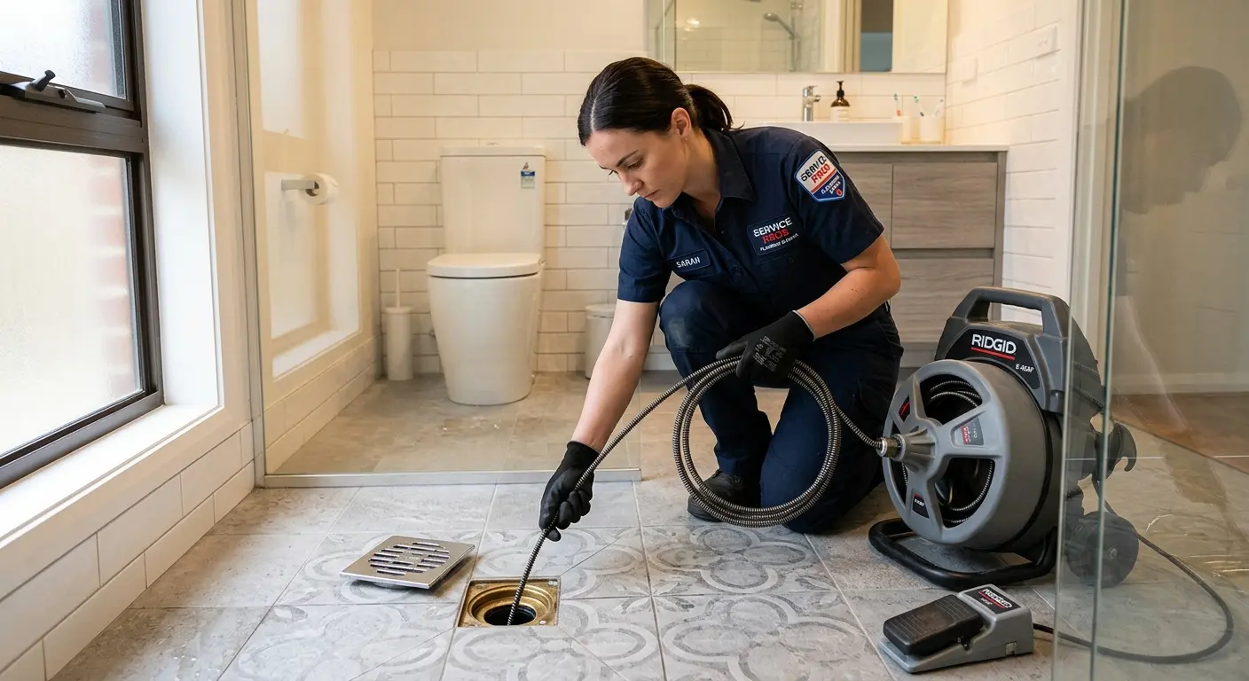 Technician clearing a bathroom floor drain for Clogged Drain Repair in Canton